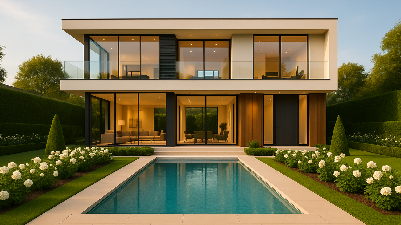 A modern minimalist villa featuring a central pool, clean lines, and a symmetrical garden design