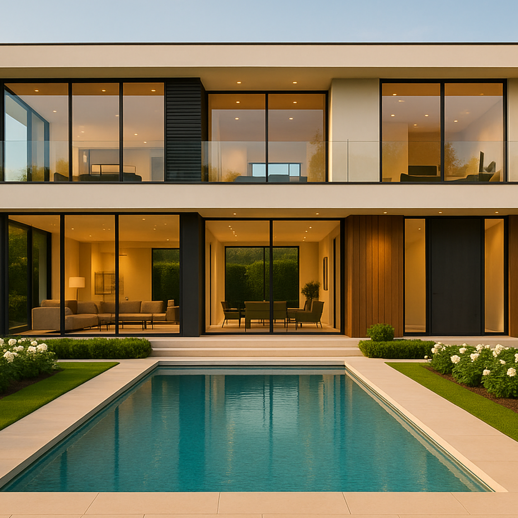 A modern minimalist villa featuring a central pool, clean lines, and a symmetrical garden design