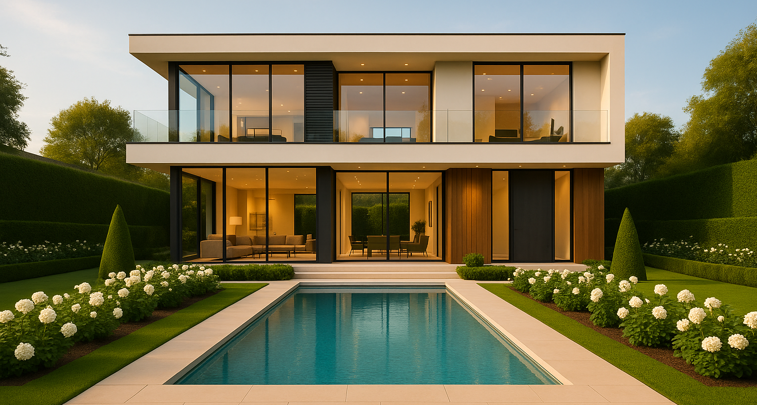 A modern minimalist villa featuring a central pool, clean lines, and a symmetrical garden design