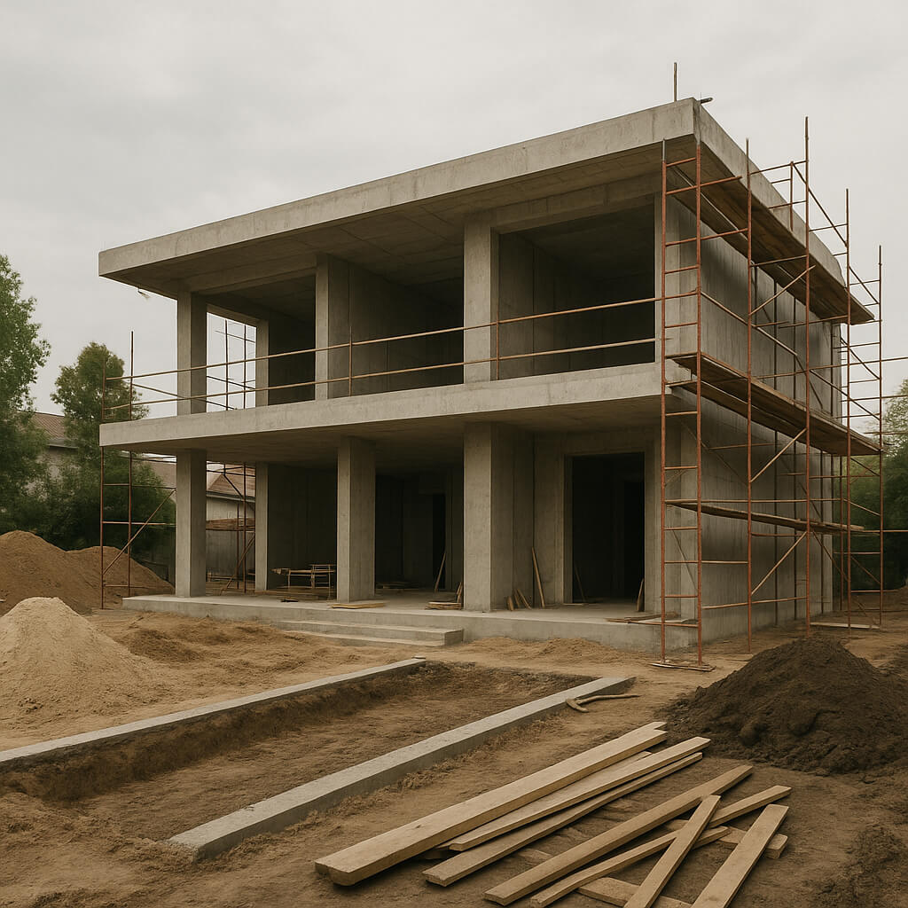 Modern villa exterior under construction with bold geometric design