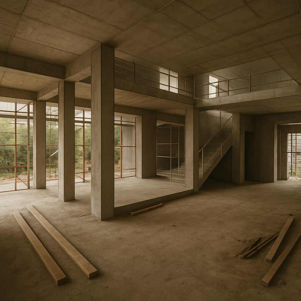 Interior of modern villa under construction with open space and natural light