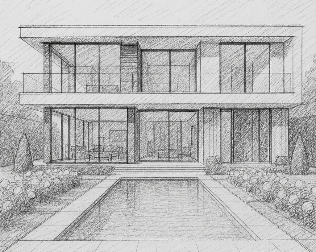 Modern villa architectural sketch with pool and glass facade in minimalist style