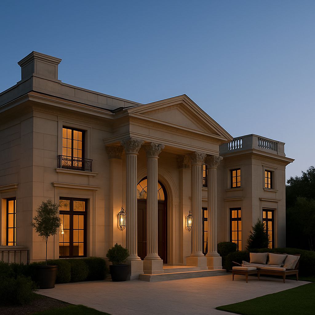 Classical ivory villa with grand columns and arched entrance during twilight
