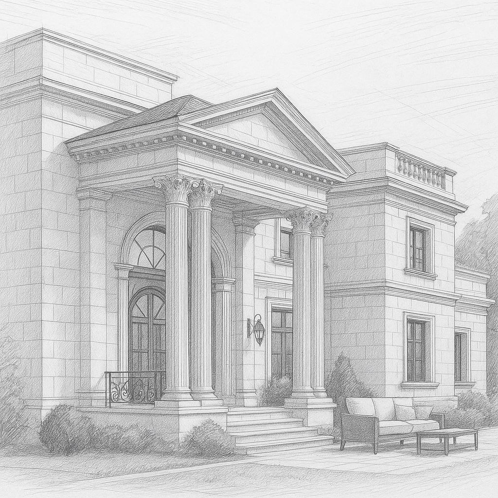 Detailed architectural sketch of a luxury classical villa with columned facade and arched entrance