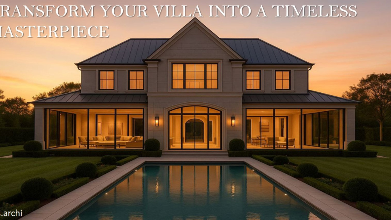 A symmetrical French-style luxury villa with tall windows, beige stone facade, and a reflecting pool at sunset.