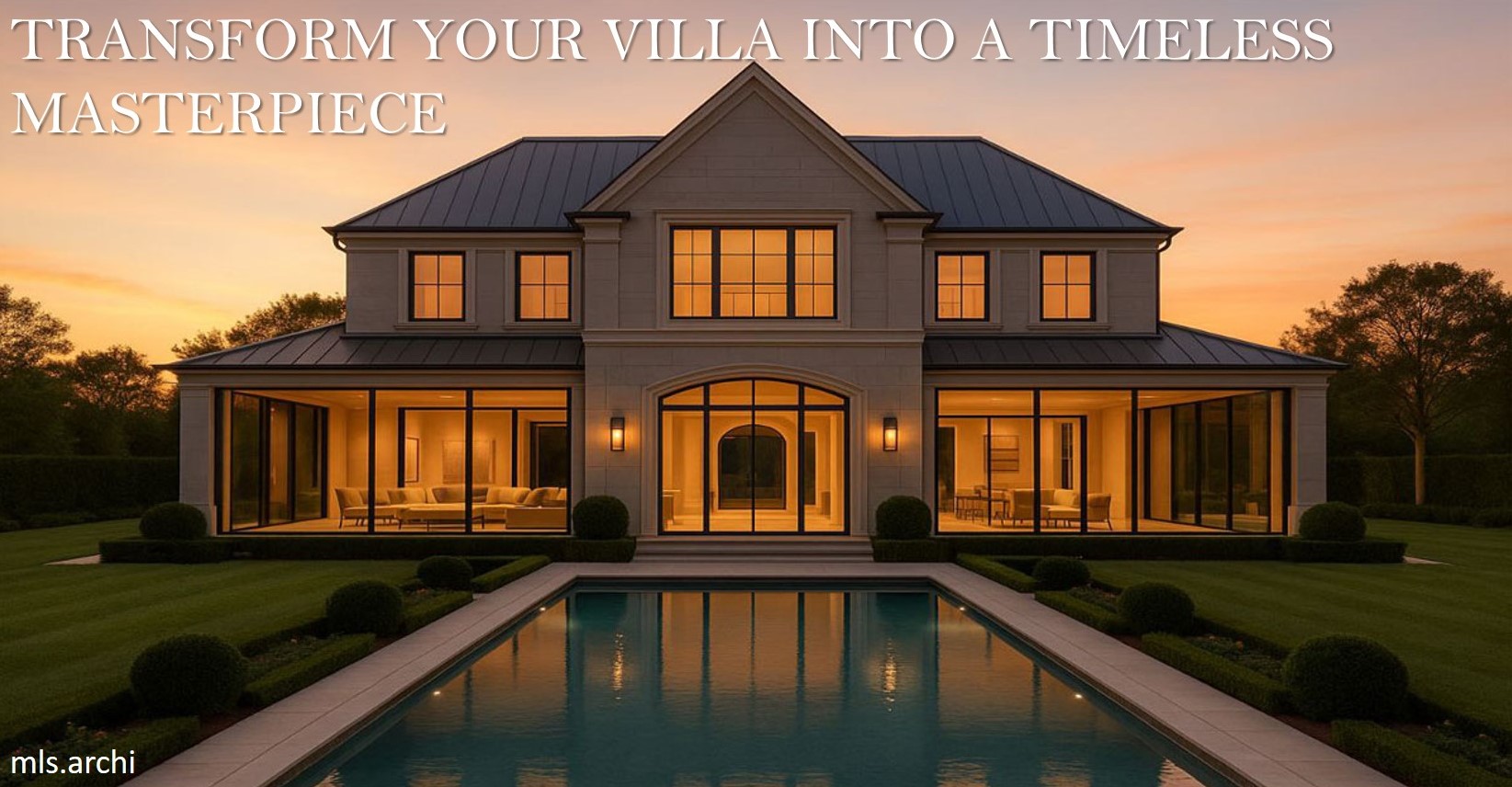 A symmetrical French-style luxury villa with tall windows, beige stone facade, and a reflecting pool at sunset.