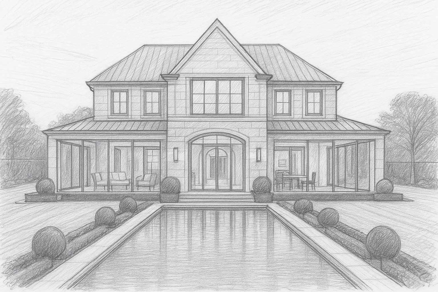 Hand-drawn architectural sketch of a luxury French-style villa with symmetrical layout and tall windows.