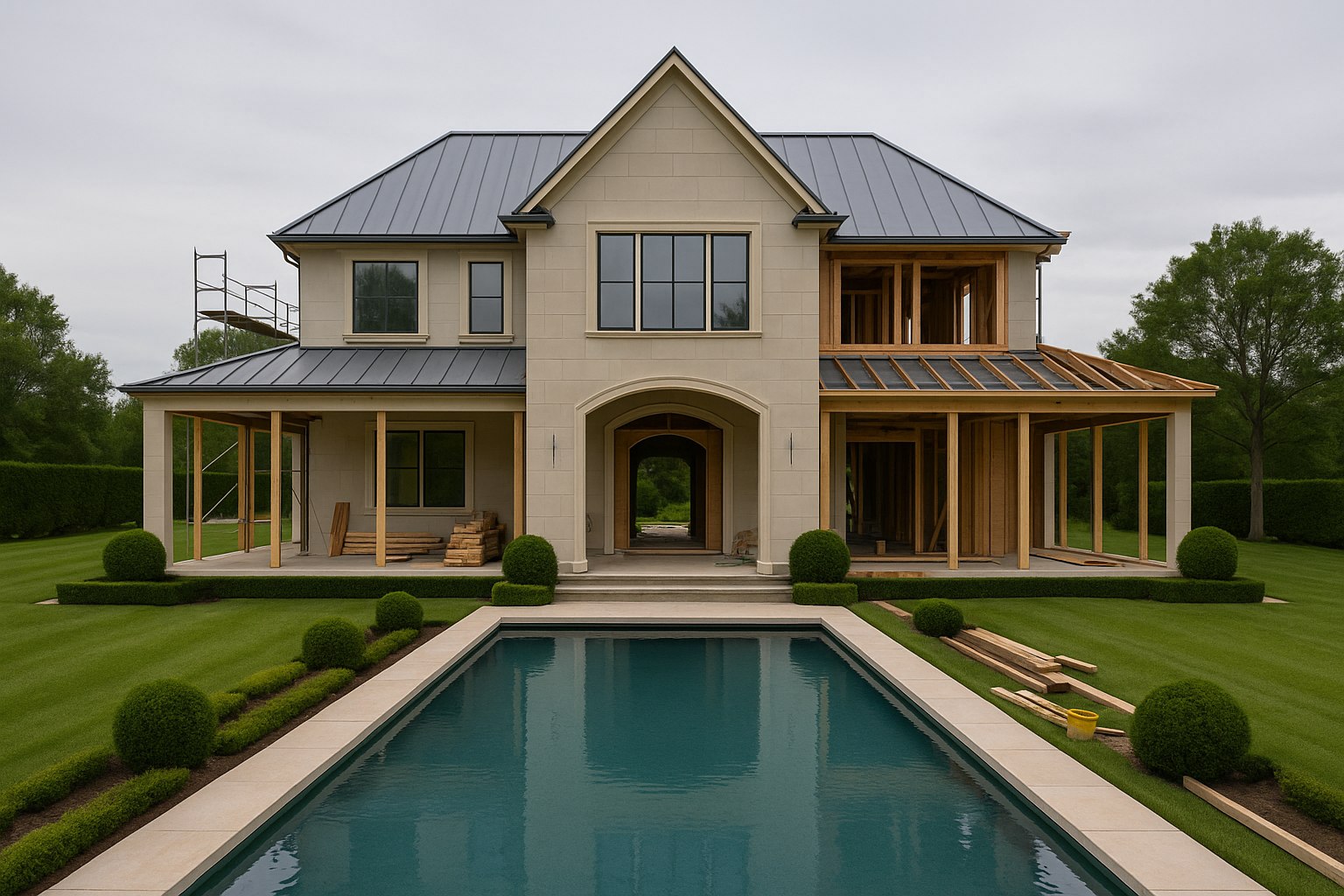 Luxury French-inspired villa under construction, showing structural framing and layout in progress.