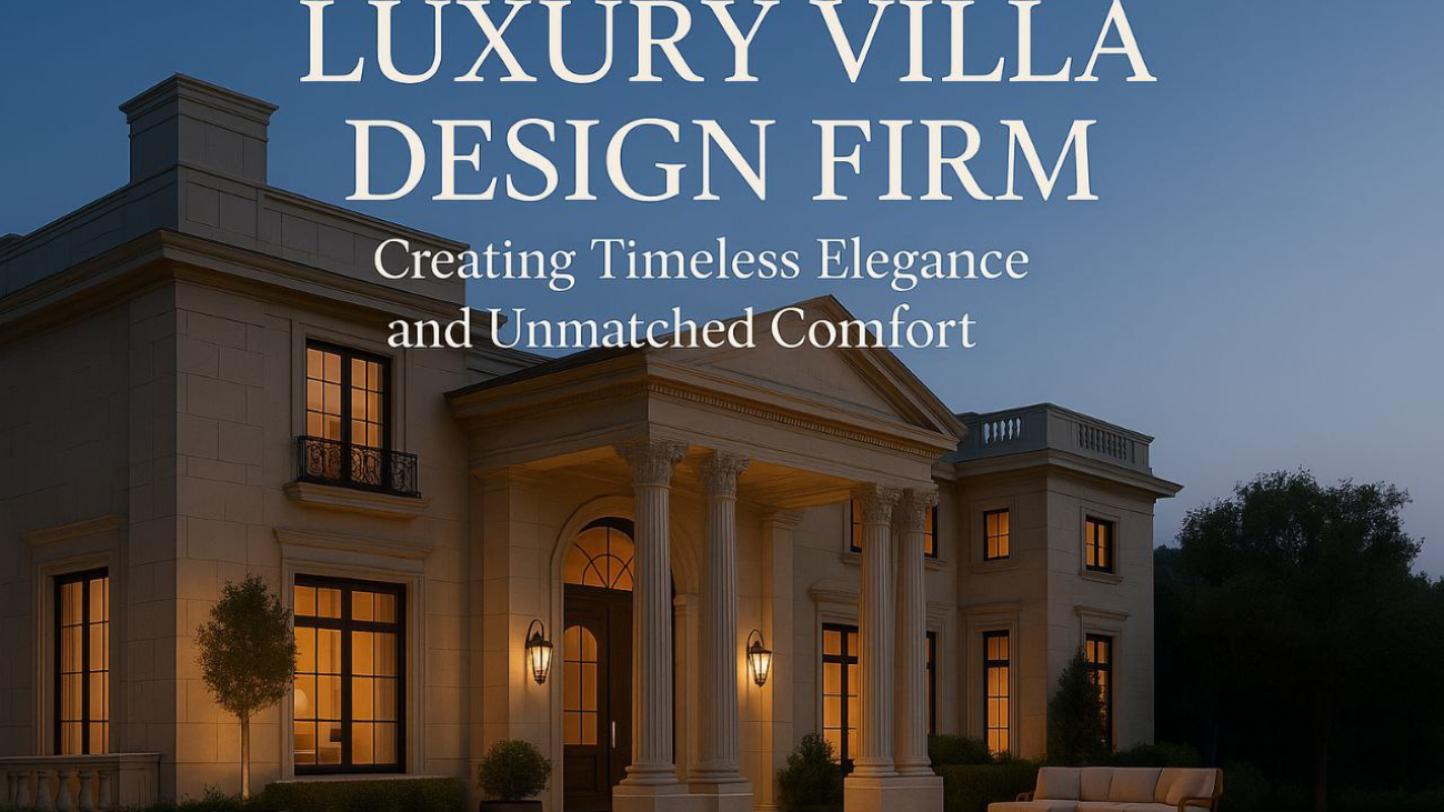 Luxury classical villa with grand columns and arched entrance at sunset designed by an elite architecture firm