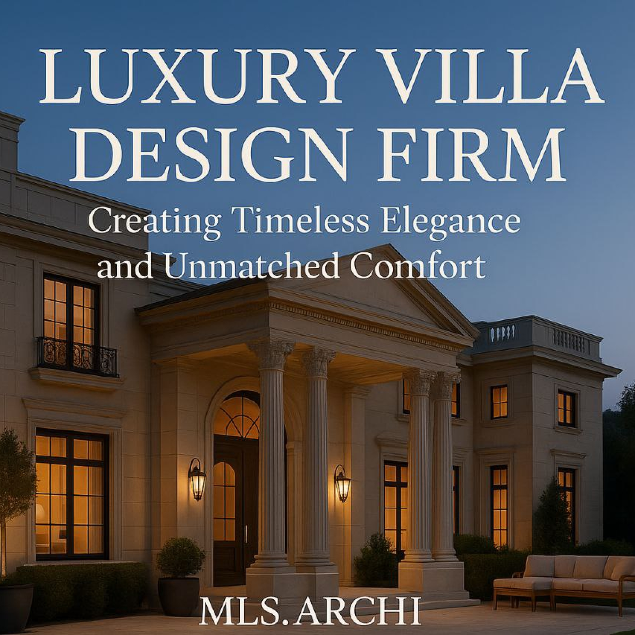 Luxury classical villa with grand columns and arched entrance at sunset designed by an elite architecture firm