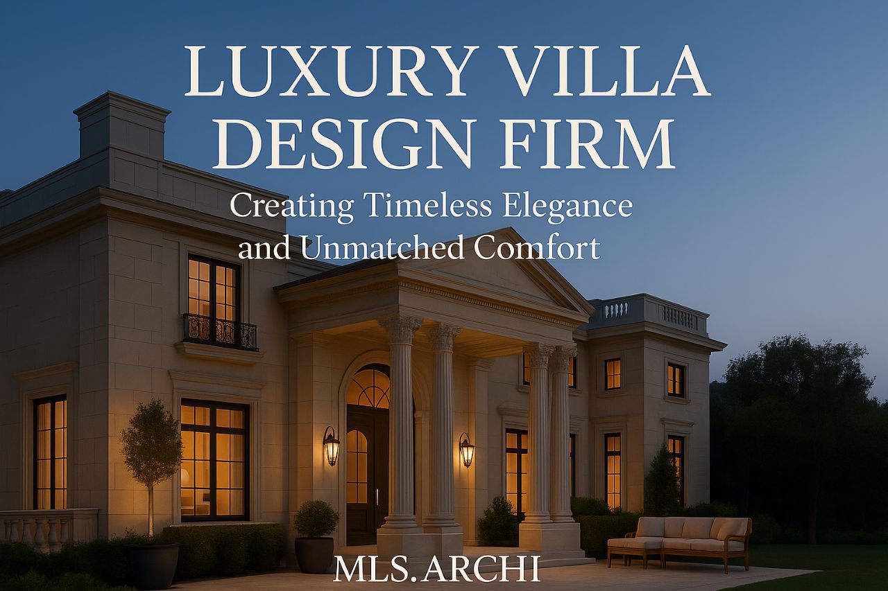 Luxury classical villa with grand columns and arched entrance at sunset designed by an elite architecture firm