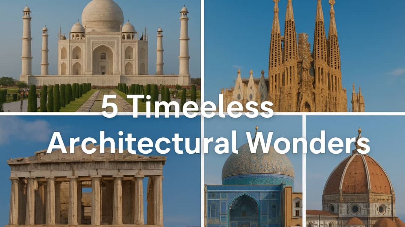 Collage of 5 famous architectural landmarks around the world – Taj Mahal, Parthenon, Sagrada Familia, Santa Maria del Fiore, and Sheikh Lotfollah Mosque.