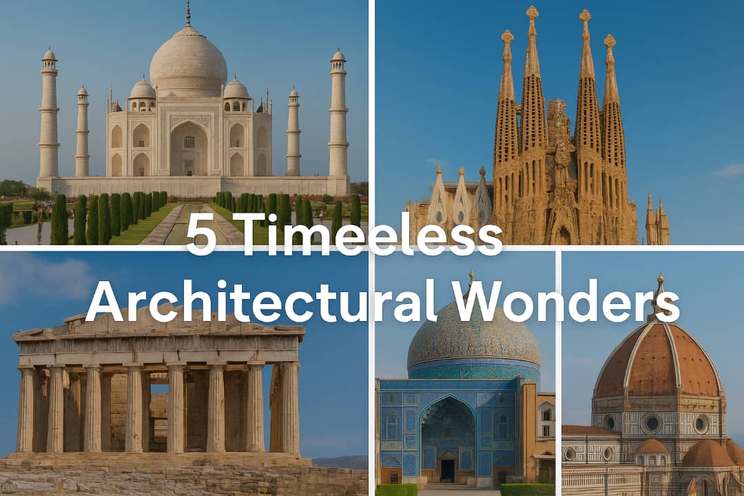Collage of 5 famous architectural landmarks around the world – Taj Mahal, Parthenon, Sagrada Familia, Santa Maria del Fiore, and Sheikh Lotfollah Mosque.