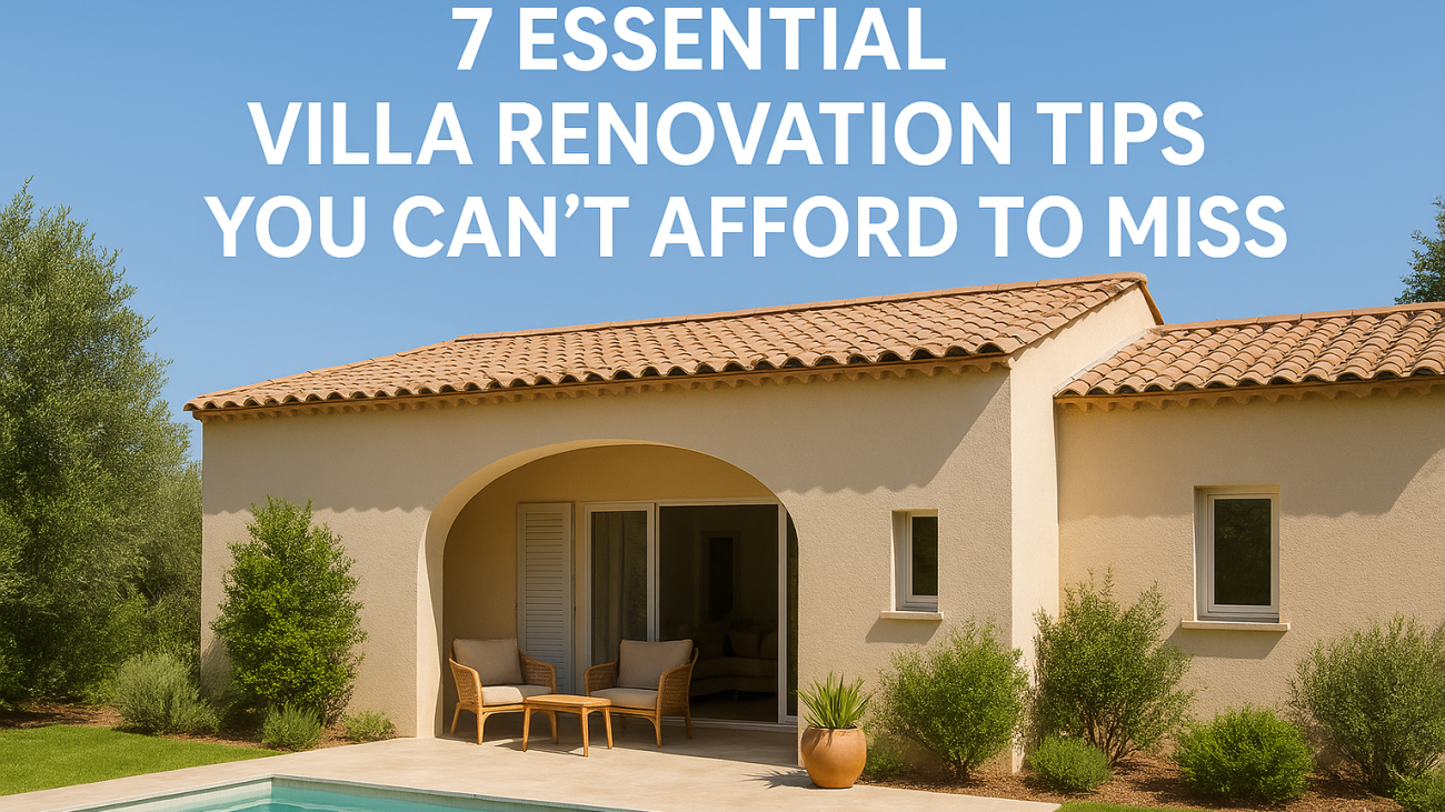 Mediterranean-style villa with pool and outdoor seating – 7 essential villa renovation tips banner