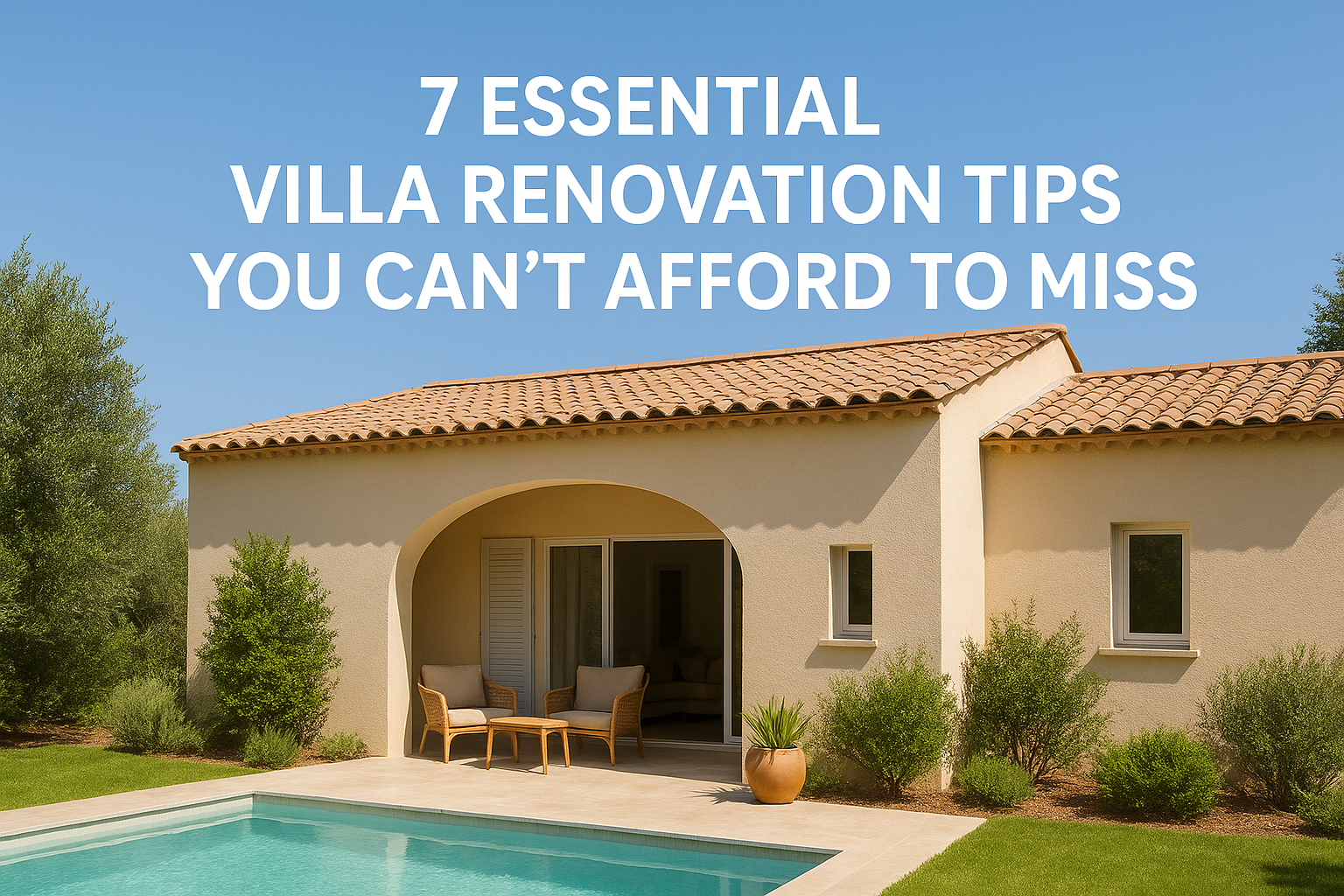 Mediterranean-style villa with pool and outdoor seating – 7 essential villa renovation tips banner