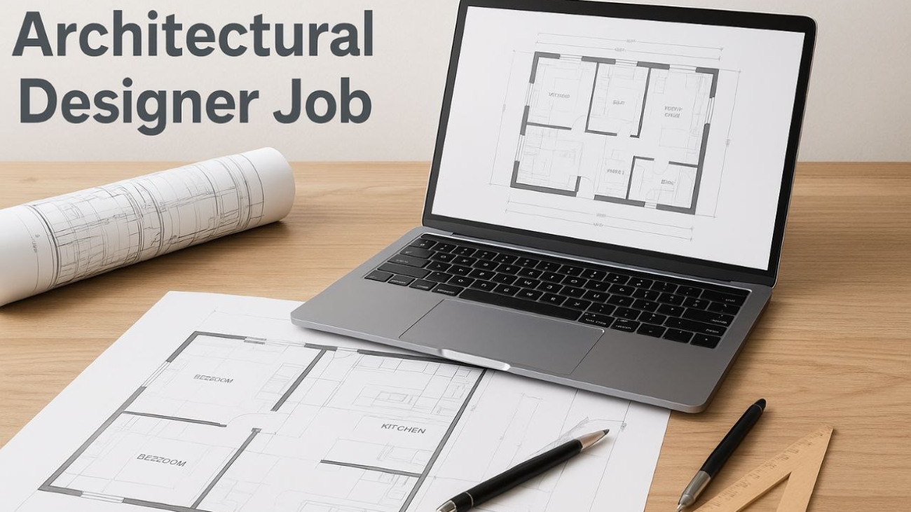 Architectural designer job concept with modern workspace, laptop, and house plans