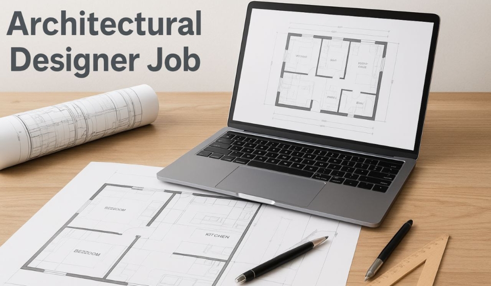 Architectural designer job concept with modern workspace, laptop, and house plans