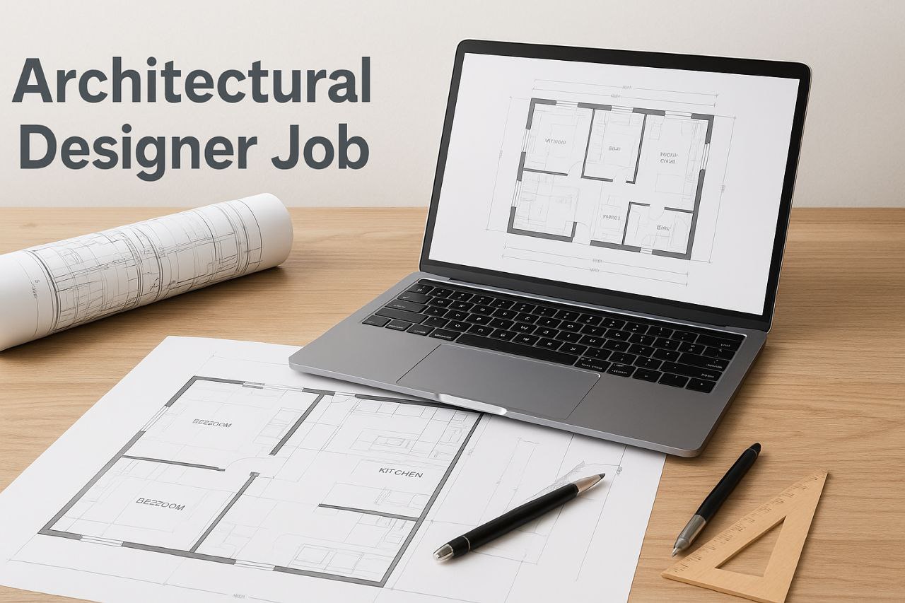 Architectural designer job concept with modern workspace, laptop, and house plans