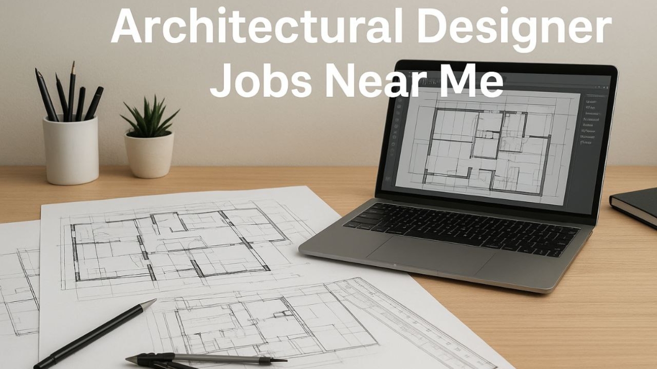 Modern architectural workspace with blueprints and digital tools representing architectural designer jobs near me.Modern architectural workspace with blueprints and digital tools representing architectural designer jobs near me.