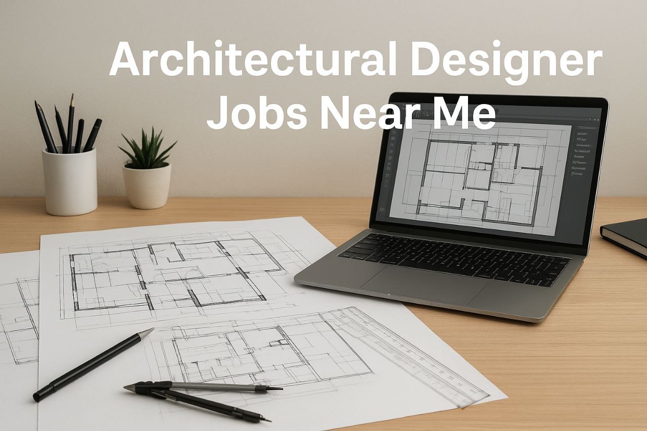 Modern architectural workspace with blueprints and digital tools representing architectural designer jobs near me.Modern architectural workspace with blueprints and digital tools representing architectural designer jobs near me.