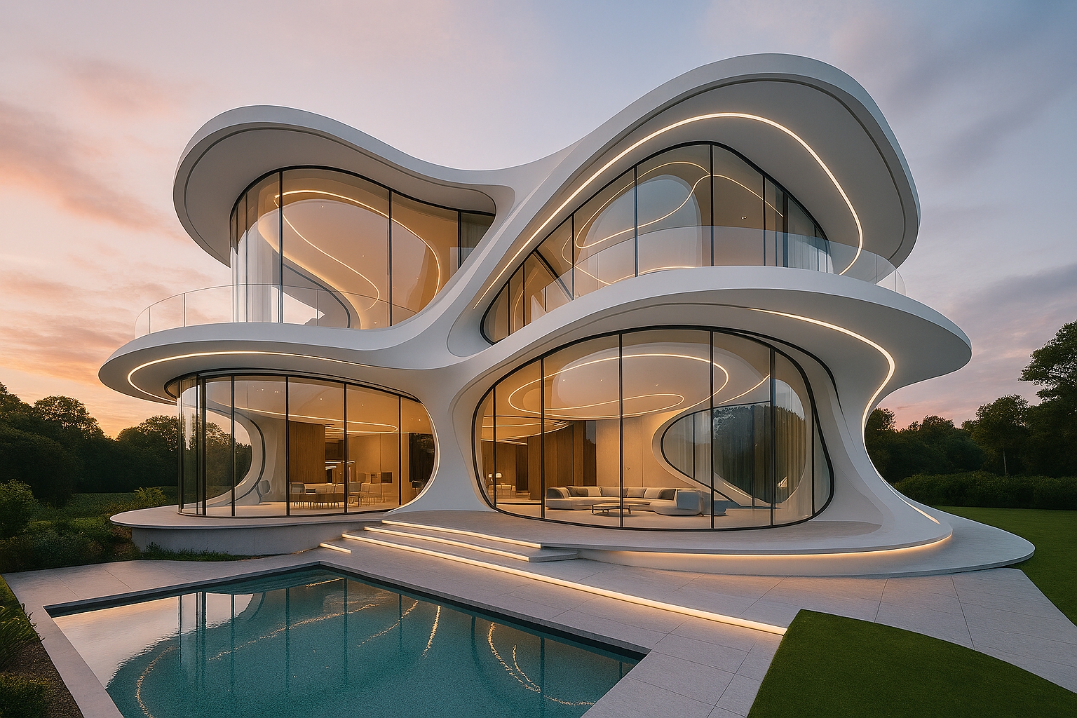 White Modern Villa with hidden LED Lighting