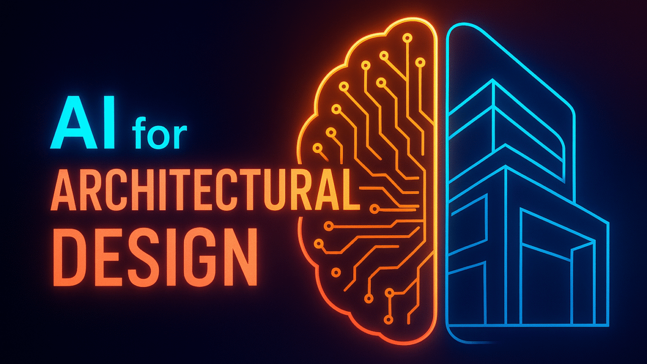 AI for Architectural Design neon graphic with brain circuit and futuristic building