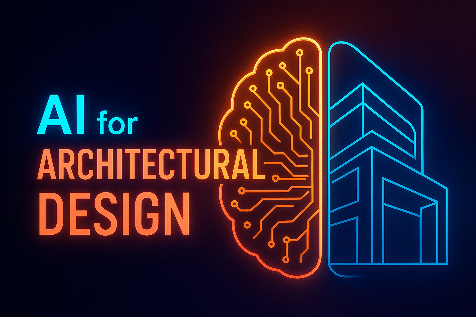 AI for Architectural Design neon graphic with brain circuit and futuristic building