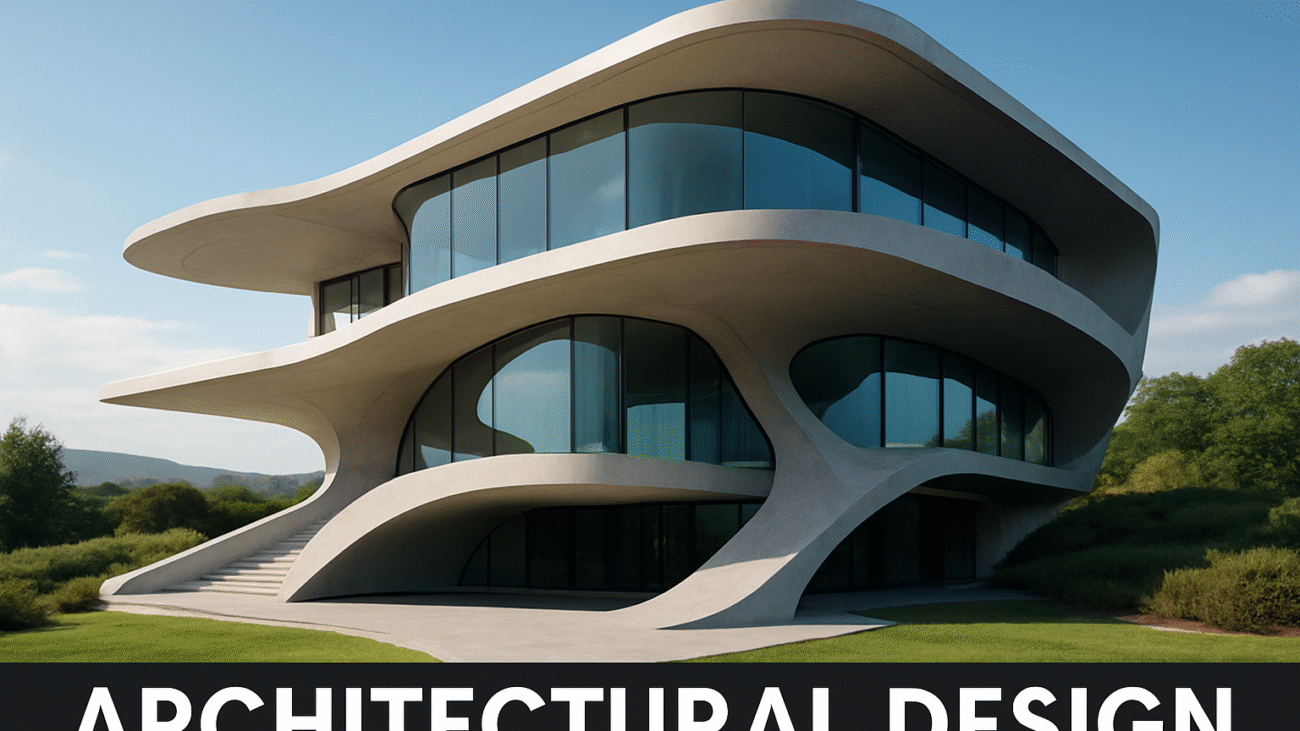 Futuristic modern villa with curved white concrete design and large glass windows, set in a natural landscape under a clear blue sky, with the text "Architectural Design" at the bottom.