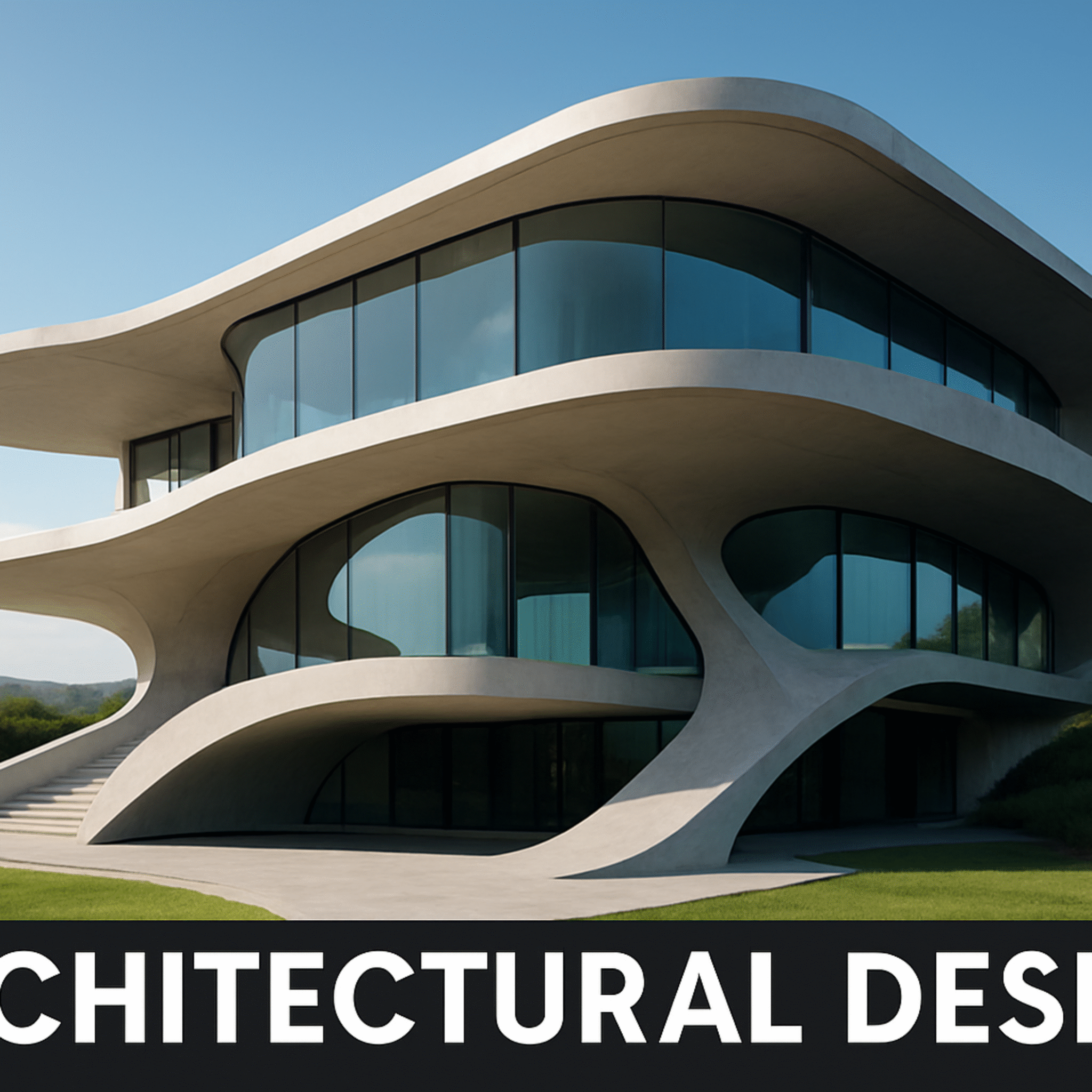 Futuristic modern villa with curved white concrete design and large glass windows, set in a natural landscape under a clear blue sky, with the text "Architectural Design" at the bottom.