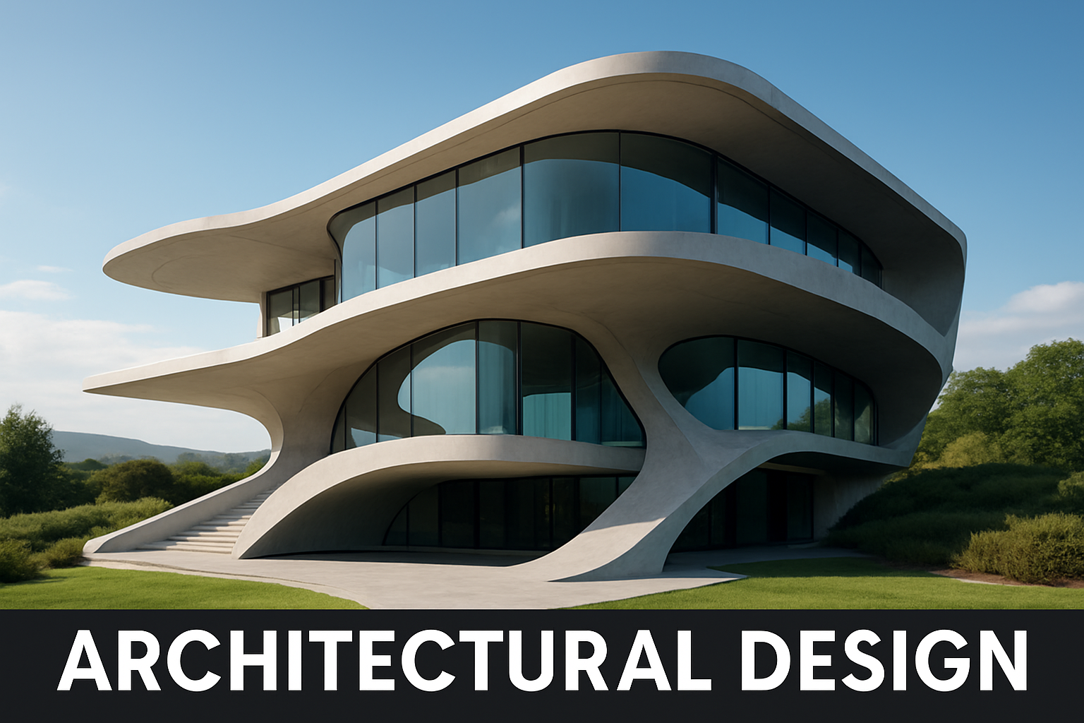Futuristic modern villa with curved white concrete design and large glass windows, set in a natural landscape under a clear blue sky, with the text "Architectural Design" at the bottom.