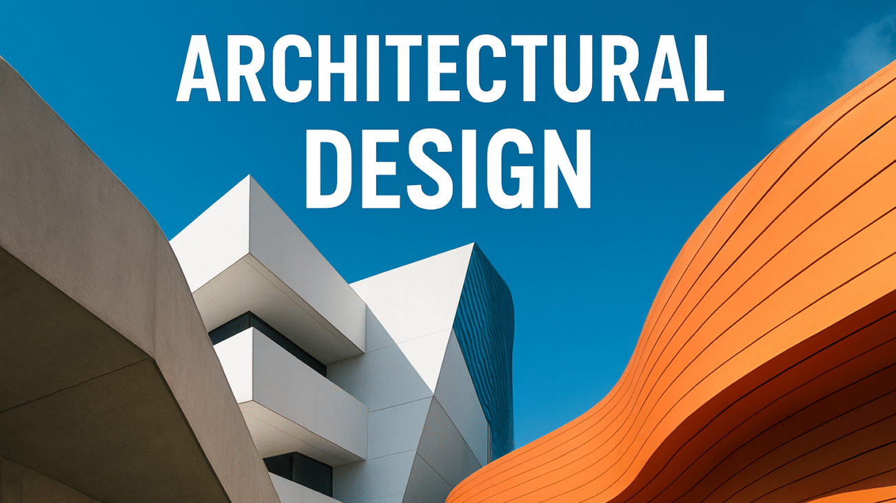 Modern architectural design with futuristic curved and geometric buildings under a clear blue sky
