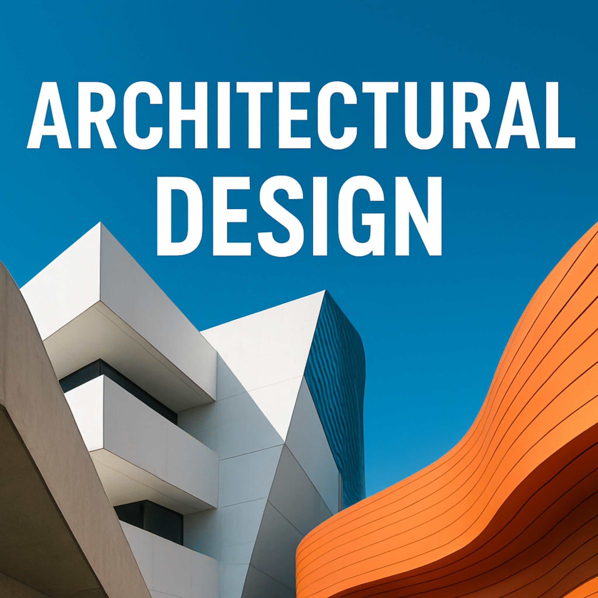 Modern architectural design with futuristic curved and geometric buildings under a clear blue sky
