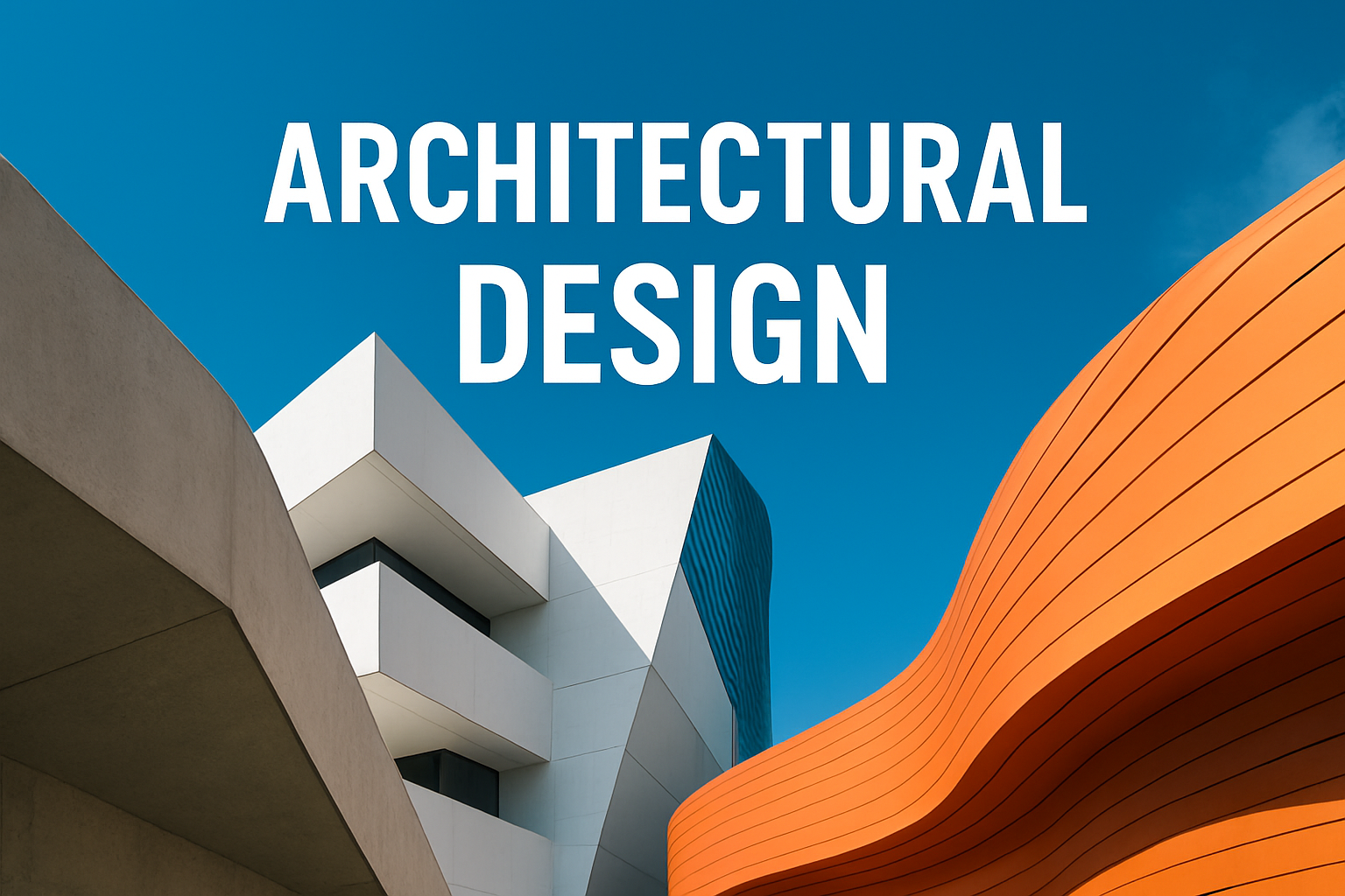 Modern architectural design with futuristic curved and geometric buildings under a clear blue sky