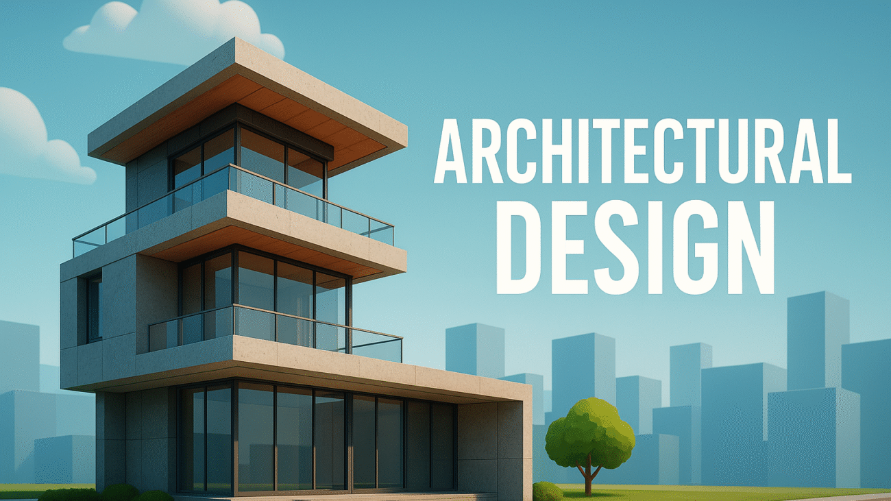 Modern architectural design sketch of a glass building combined with blueprint background.