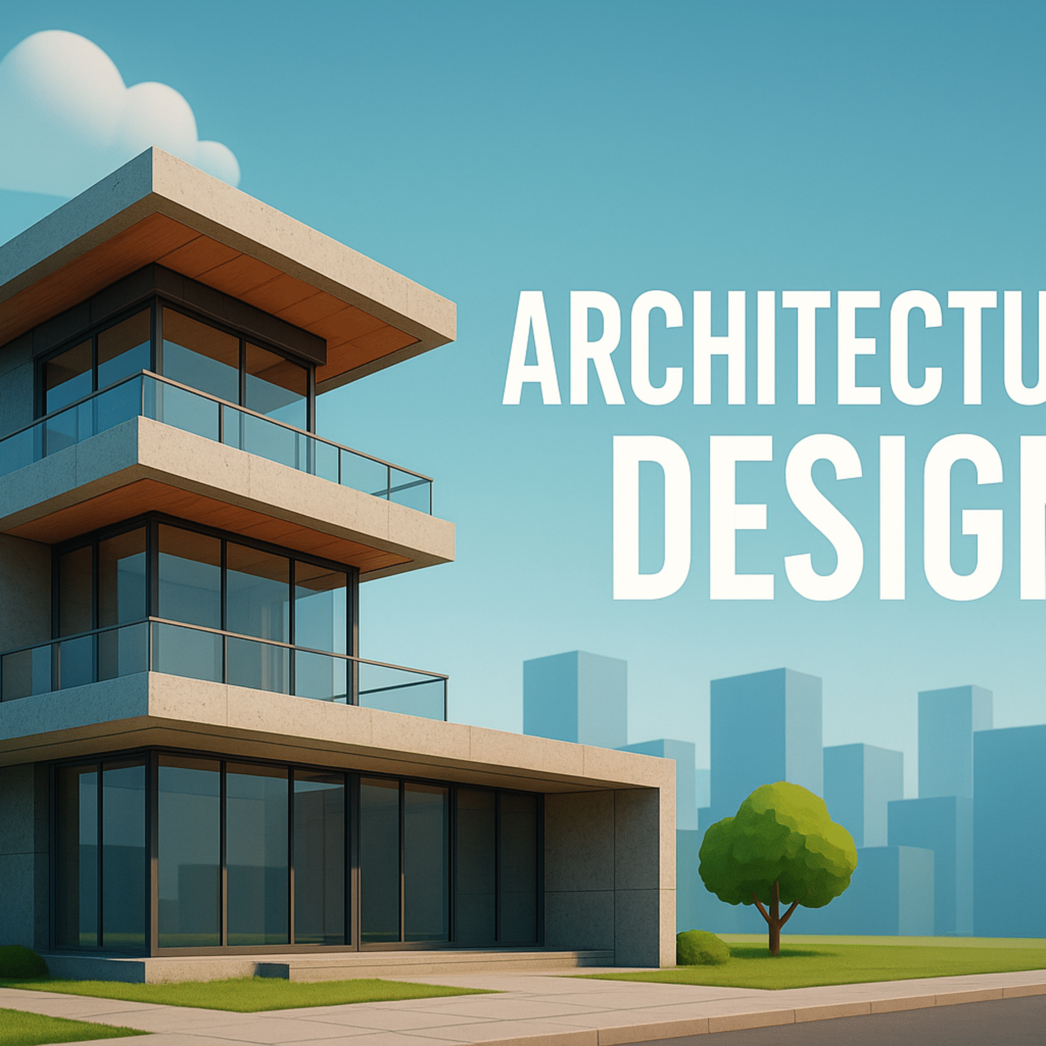 Modern architectural design sketch of a glass building combined with blueprint background.