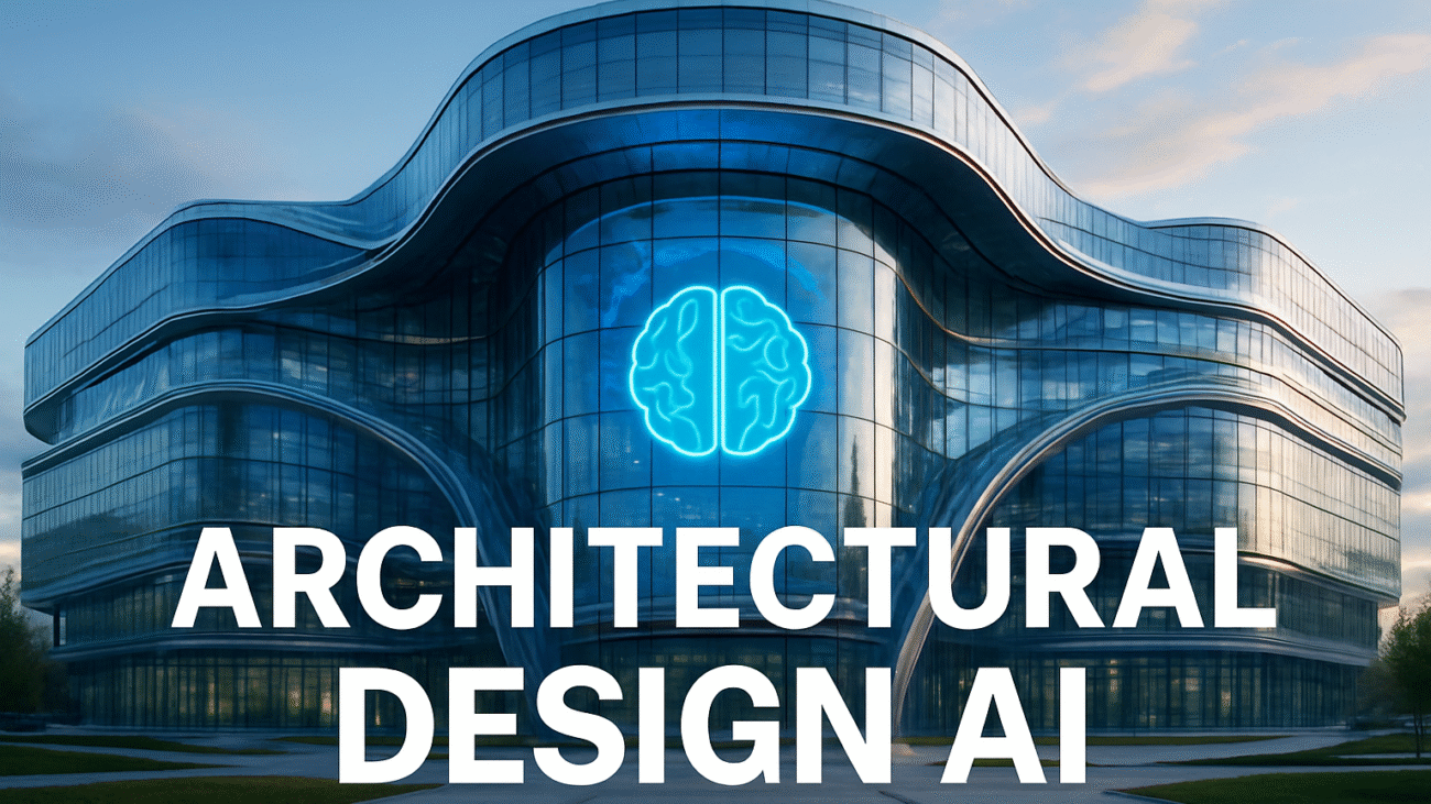 A futuristic glass building symbolizing the world’s largest Artificial Intelligence university, with the title “Architectural Design AI” displayed beautifully on the image.