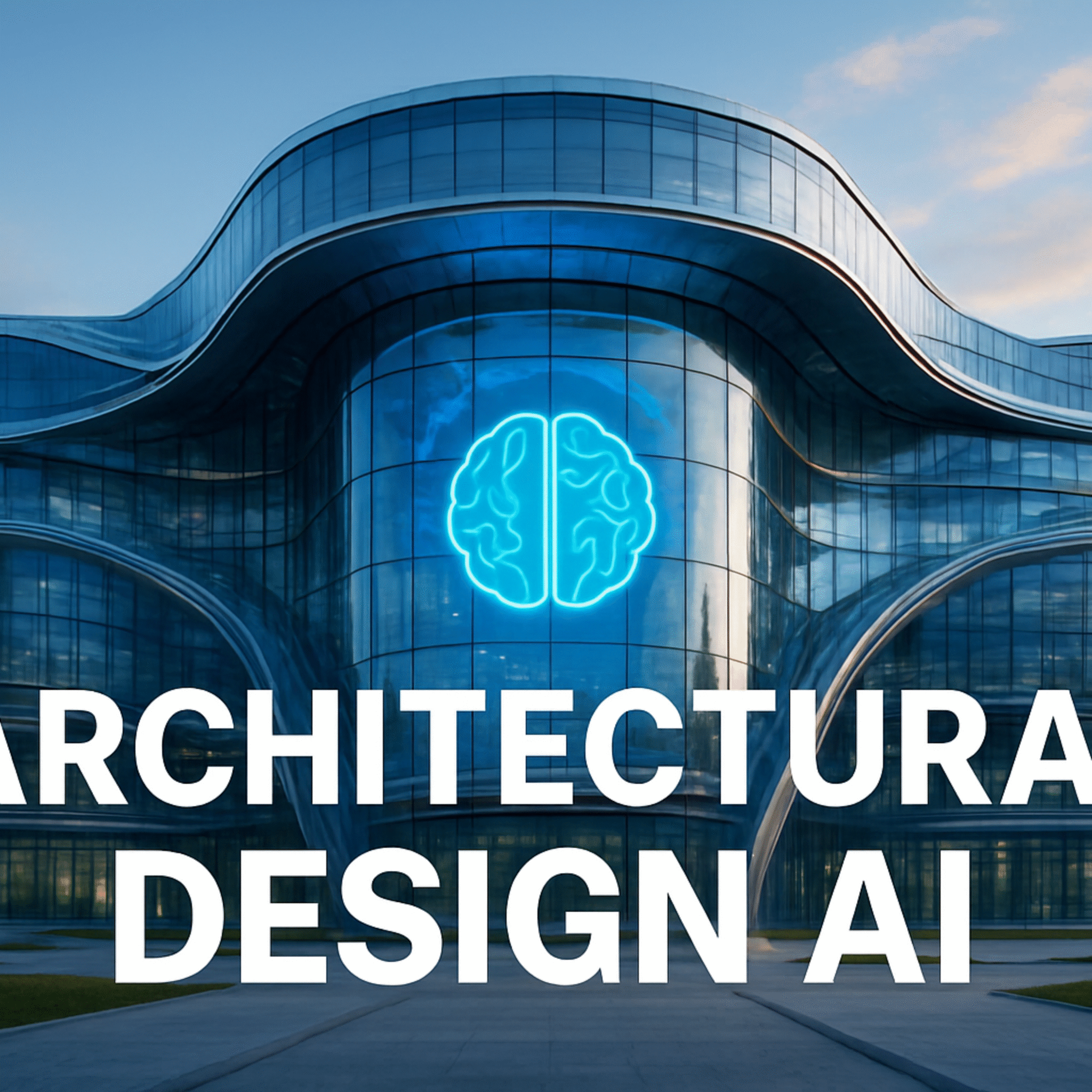 A futuristic glass building symbolizing the world’s largest Artificial Intelligence university, with the title “Architectural Design AI” displayed beautifully on the image.