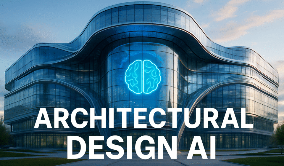 A futuristic glass building symbolizing the world’s largest Artificial Intelligence university, with the title “Architectural Design AI” displayed beautifully on the image.