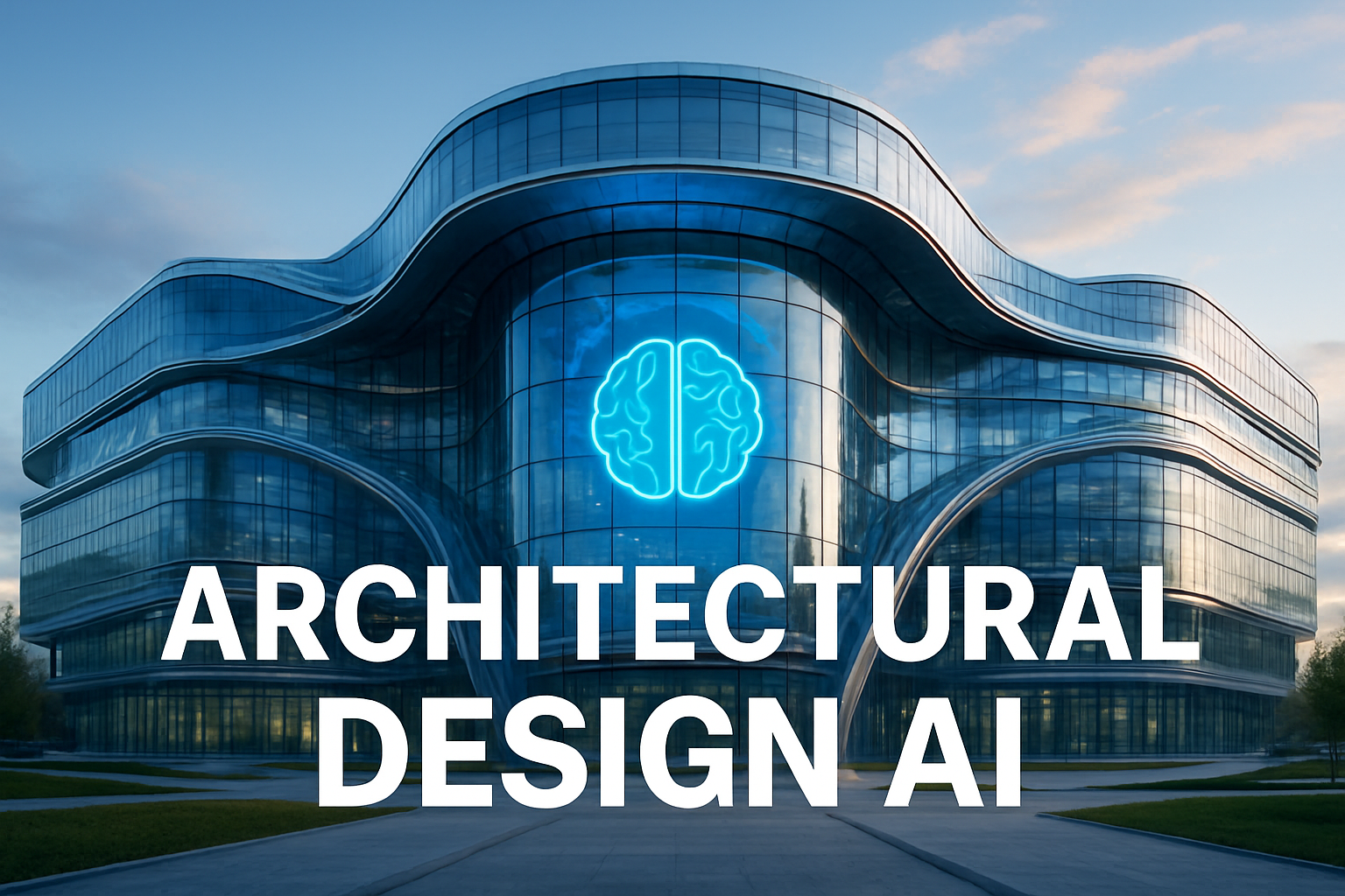A futuristic glass building symbolizing the world’s largest Artificial Intelligence university, with the title “Architectural Design AI” displayed beautifully on the image.