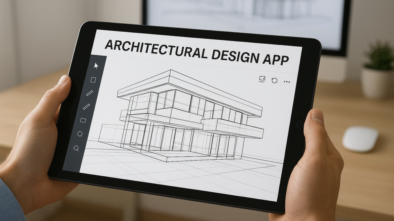 A person holding a tablet displaying a 3D architectural model in an architectural design app, with a computer and workspace in the background