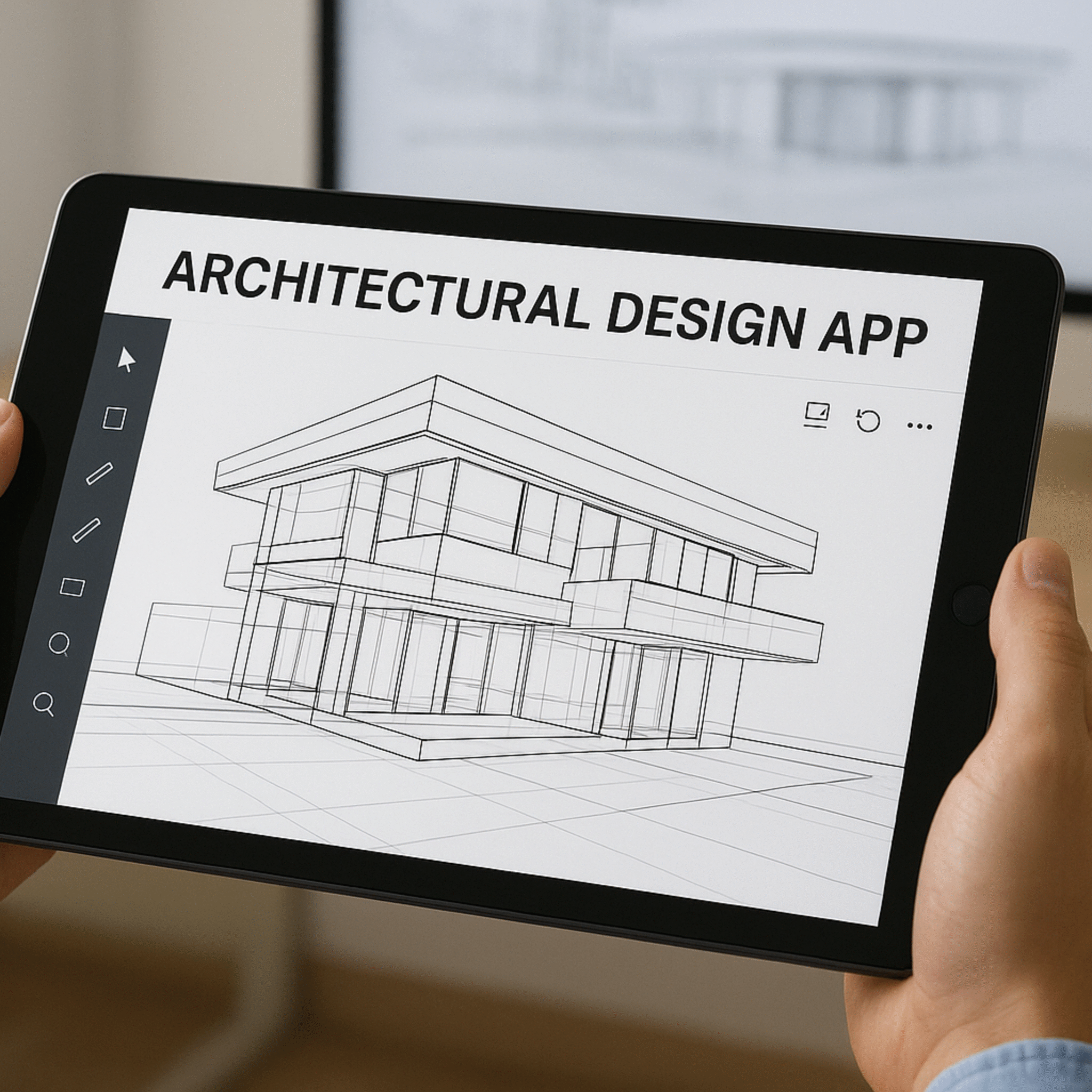 A person holding a tablet displaying a 3D architectural model in an architectural design app, with a computer and workspace in the background