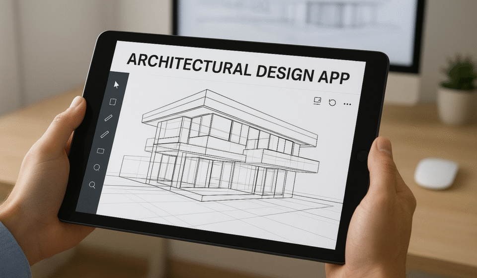 A person holding a tablet displaying a 3D architectural model in an architectural design app, with a computer and workspace in the background