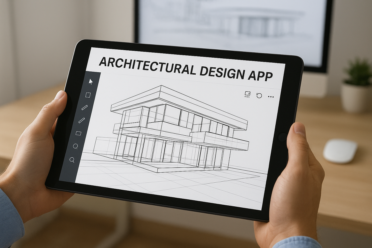 A person holding a tablet displaying a 3D architectural model in an architectural design app, with a computer and workspace in the background
