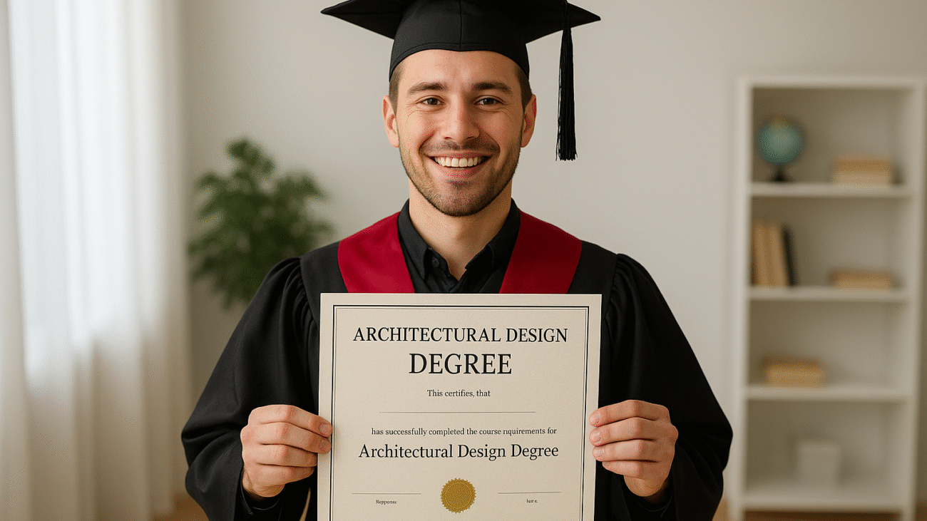 A smiling young male graduate wearing a black cap and gown with a red stole, proudly holding his Architectural Design Degree certificate indoors