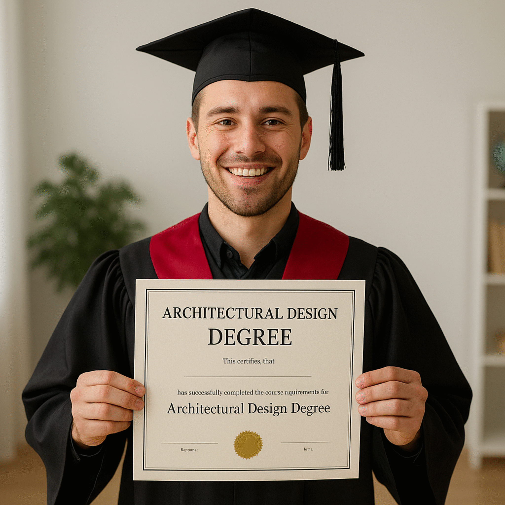 A smiling young male graduate wearing a black cap and gown with a red stole, proudly holding his Architectural Design Degree certificate indoors