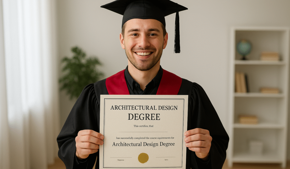 A smiling young male graduate wearing a black cap and gown with a red stole, proudly holding his Architectural Design Degree certificate indoors