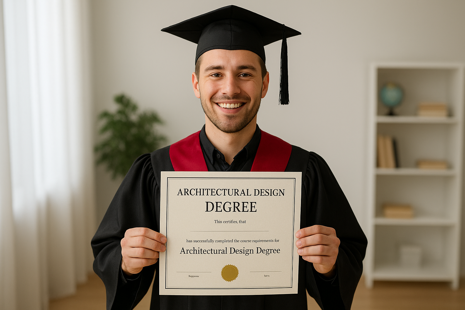 A smiling young male graduate wearing a black cap and gown with a red stole, proudly holding his Architectural Design Degree certificate indoors