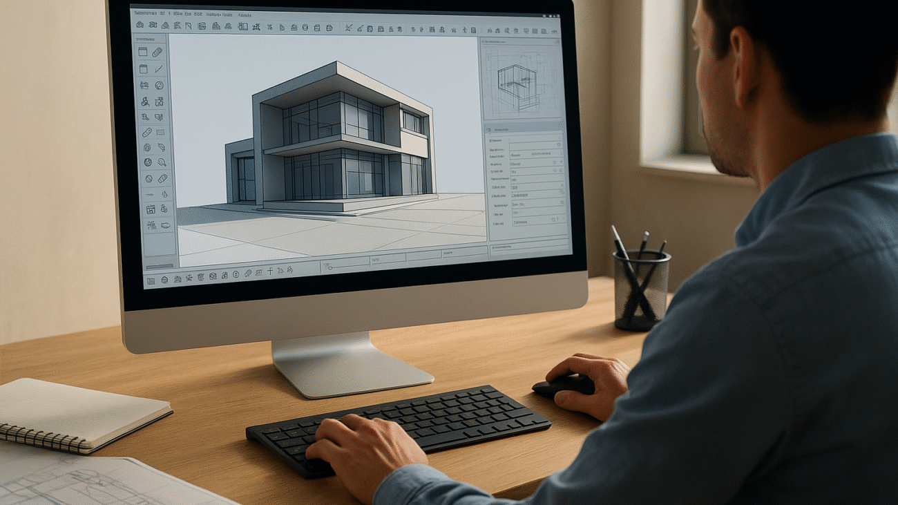 Architect using modern architectural design software on computer screen