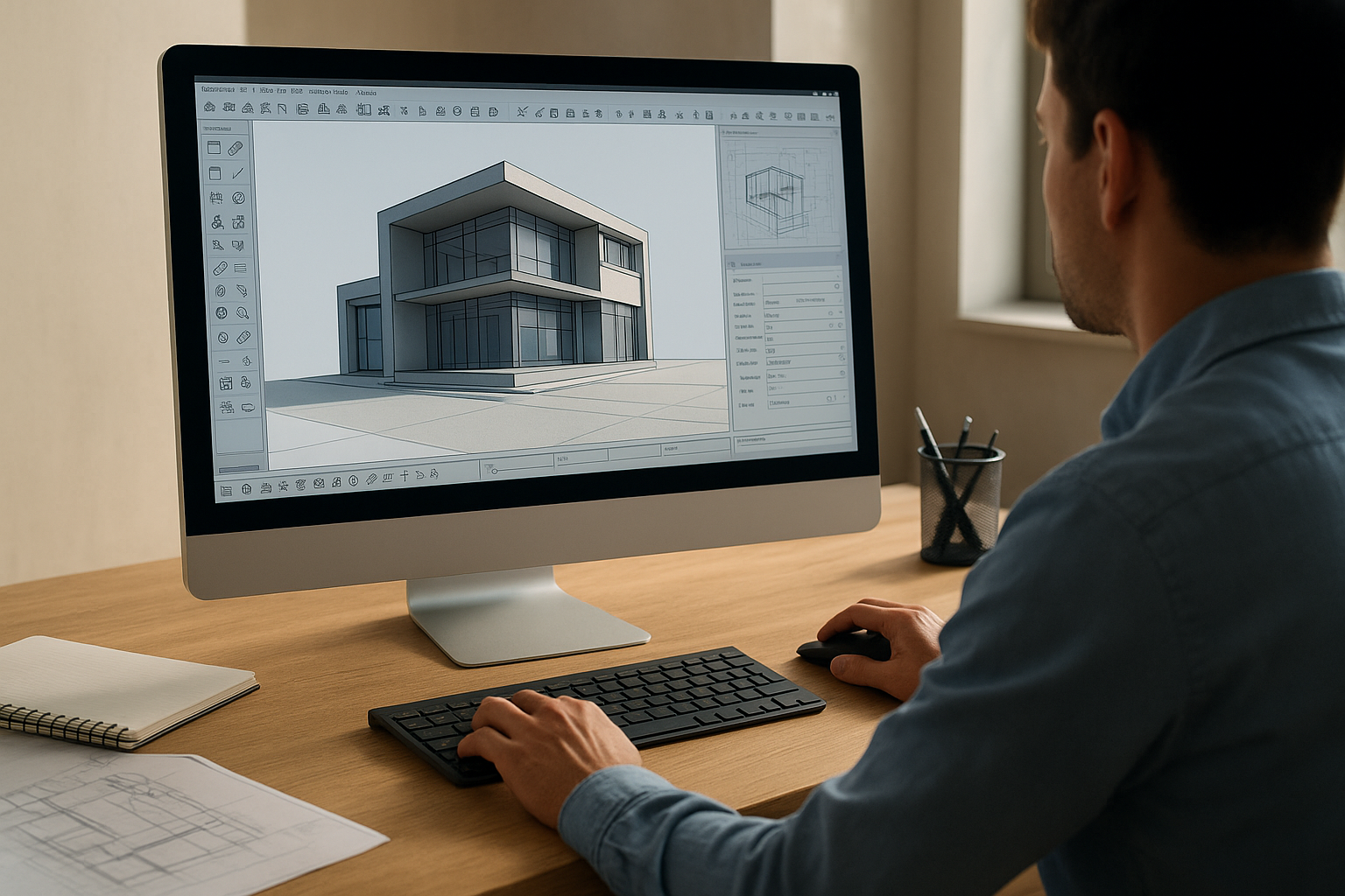 Architect using modern architectural design software on computer screen