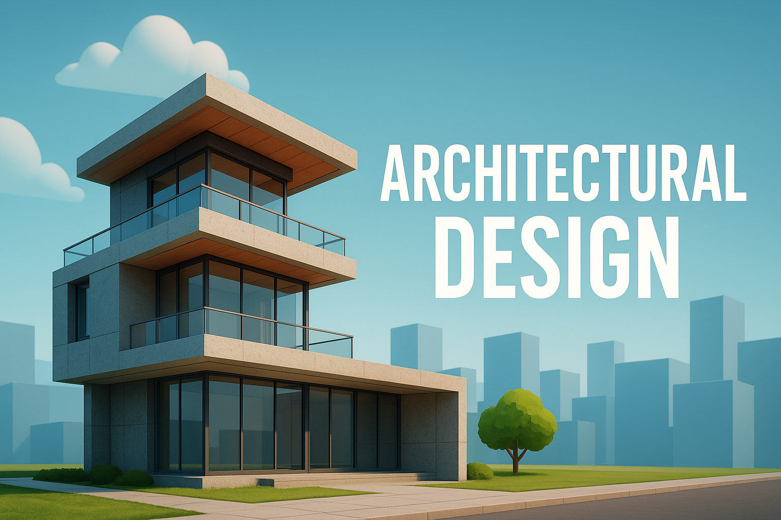 Modern architectural design sketch of a glass building combined with blueprint background.